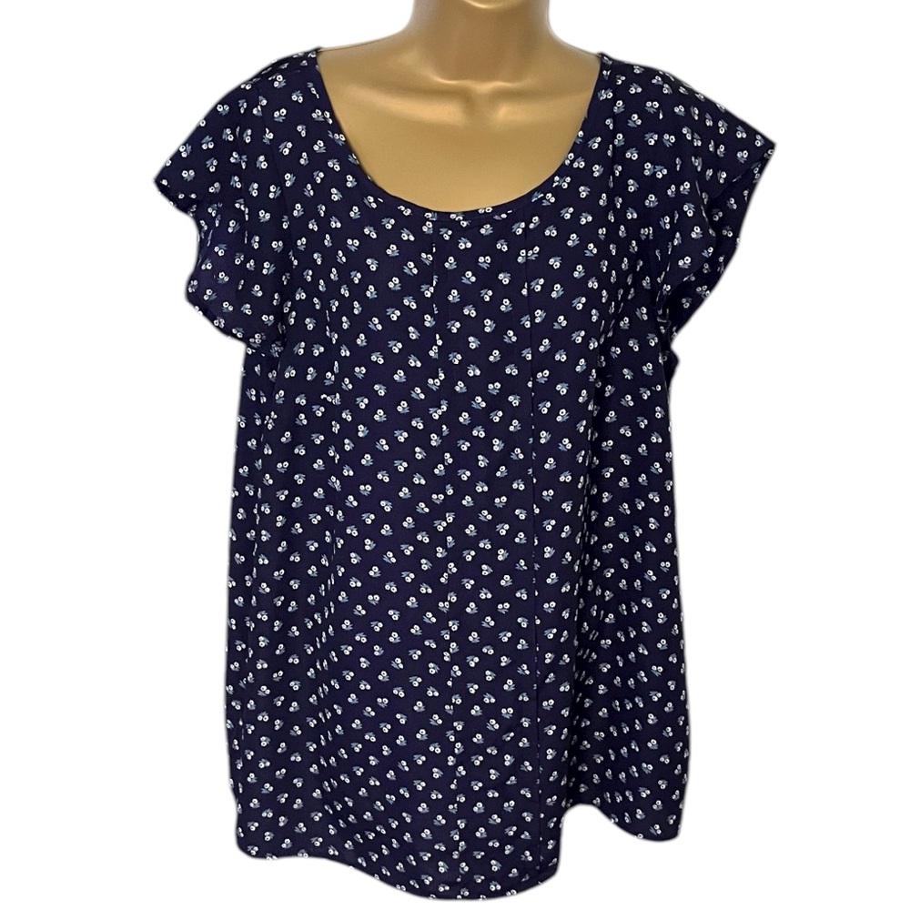 Vintage 80s Porma Blouse Ditsy Floral Print Short Sleeve Navy 1X